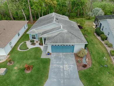 Aerial view shows private wooded space in back.