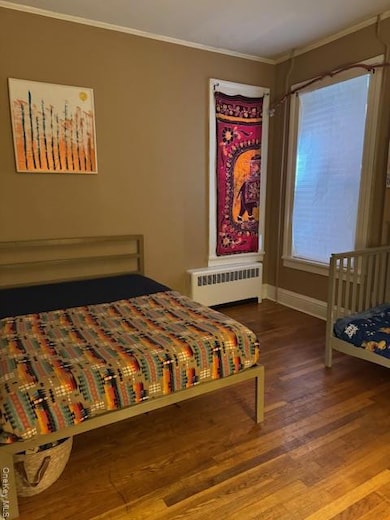 Bedroom featuring crown molding, dark wood finished floors, and radiator heating unit