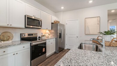 Kitchen with stainless steel appliances, a sink, dark wood-style flooring, white cabinets, and light stone countertops