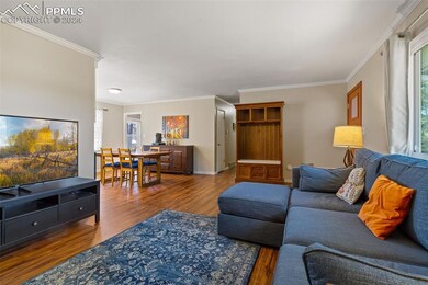Living room with crown molding and hardwood / wood
