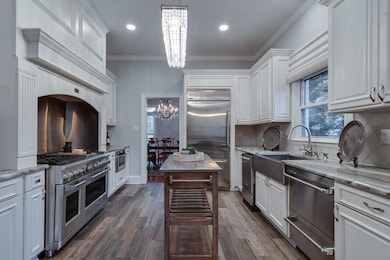 Kitchen featuring light stone countertops, high quality appliances, and white cabinets.