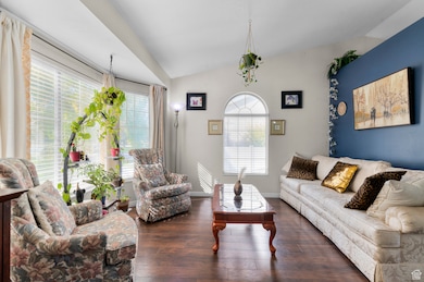 Living room with vaulted ceiling and dark wood-style flooring