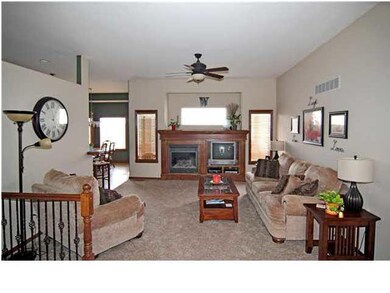 Spacious living room with ceiling fan and gas fire