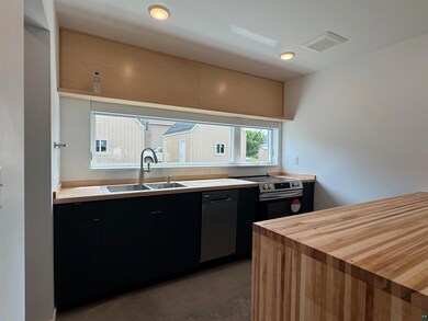 Kitchen featuring dark cabinets, dishwashing machine, stainless steel range with electric stovetop, and wood counters