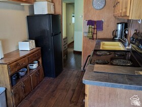 Kitchen featuring freestanding refrigerator, white microwave, dark wood-style flooring, and stainless steel electric stove