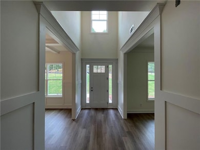 Entrance foyer featuring dark wood-type flooring and a towering ceiling