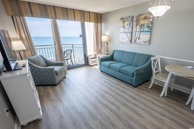 Living room with a water view, wood-type flooring,