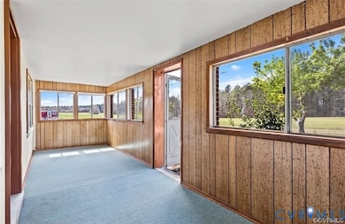Unfurnished sunroom with wooden walls and carpet flooring