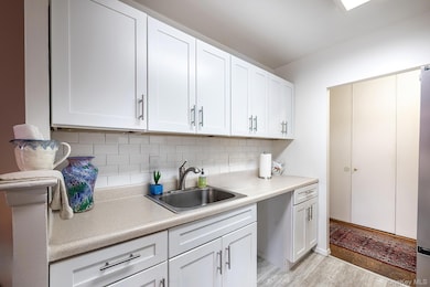 Kitchen with a sink, light countertops, decorative backsplash, and light wood-style flooring