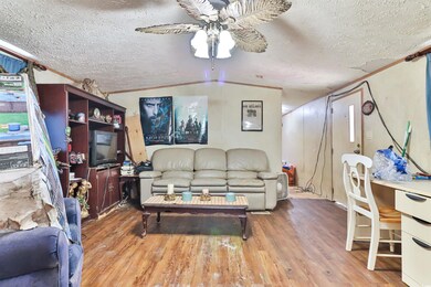 Living room featuring ceiling fan, wood-type floor