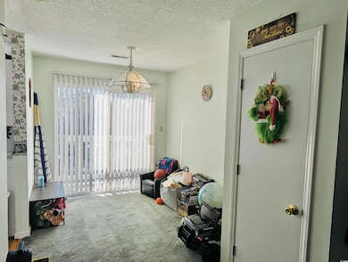 Interior space featuring carpet, a textured ceilin