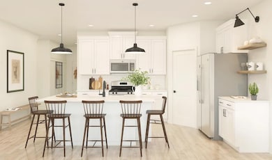 Kitchen with pendant lighting and floating shelves