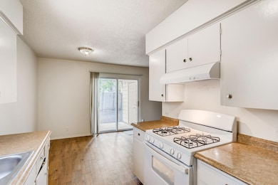 Kitchen with white gas stove, under cabinet range