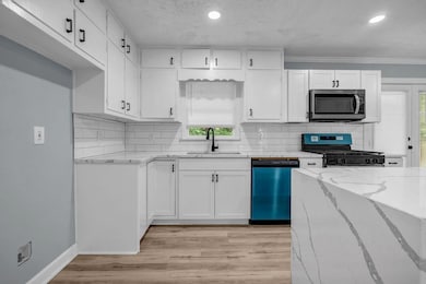 Updated Kitchen featuring dishwashing machine, a sink, gas range, stainless steel microwave, and recessed lighting