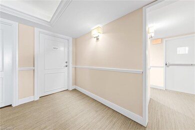 Foyer with carpet and baseboards