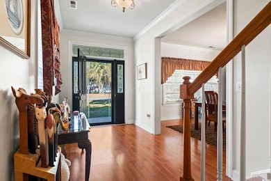 Foyer entrance featuring healthy amount of natural light, wood finished floors, ornamental molding, and baseboards