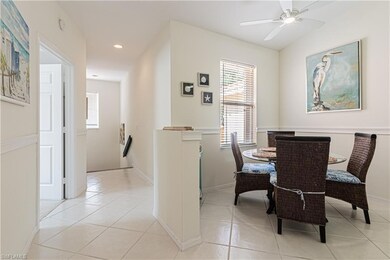 Dining area featuring light tile patterned floors, recessed lighting, ceiling fan, and baseboards