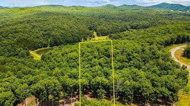 Aerial view Lot 27 and surrounding area with a heavily wooded area and property parcel outlined