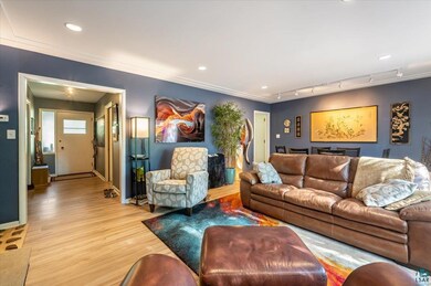 Living room with rail lighting, crown molding, and
