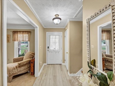 Foyer entrance with baseboards, light wood-type flooring, crown molding, and a textured ceiling