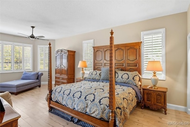 Master Bedroom #1 with Ensuite, Sitting Area, Plantation Shutters, Luxury Vinyl Planking, Slider to the Covered, Screened Porch, Built-In Makeup Desk/Beauty Station & 2 Large Walk-in Closets