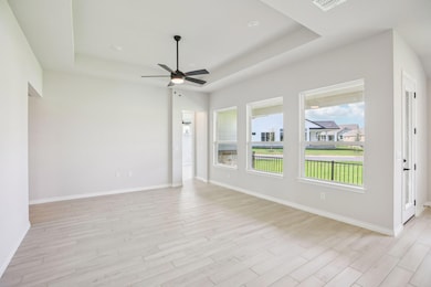 Unfurnished room with a tray ceiling, light wood-type flooring, and a ceiling fan