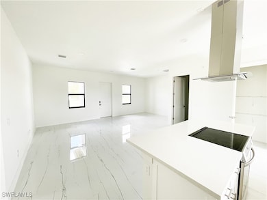 Kitchen featuring ventilation hood, a center islan