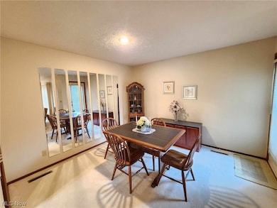 Carpeted dining room featuring a textured ceiling