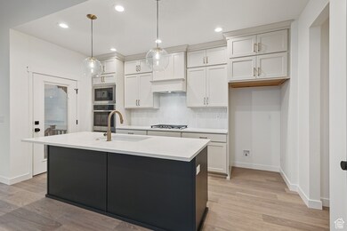 Gourmet Kitchen featuring tasteful backsplash, recessed lighting, white cabinets, light wood-style flooring, built in range, wood hood, and appliances with stainless steel finishes