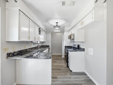 Kitchen with white cabinetry, a peninsula, stainless steel appliances, dark stone countertops, and a textured ceiling