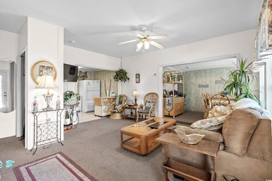 Carpeted living room with ceiling fan