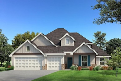 Craftsman inspired home featuring board and batten siding, a front yard, a garage, and roof with shingles