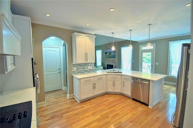 Kitchen featuring appliances with stainless steel finishes, a fireplace, a sink, white cabinets, and light wood finished floors