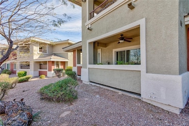 View of side of property with ceiling fan, a balco
