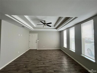 Unfurnished room featuring a raised ceiling, a ceiling fan, baseboards, and dark wood finished floors