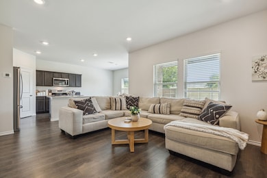 Living area featuring recessed lighting and dark wood-style flooring