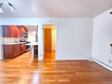 Kitchen featuring a kitchen bar, light countertops, stainless steel appliances, light wood finished floors, and decorative light fixtures