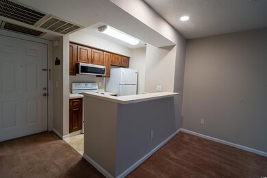 Kitchen featuring white appliances, light carpet, light countertops, a peninsula, and baseboards