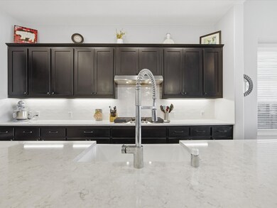 Kitchen featuring backsplash, light stone counters, and dark brown cabinets
