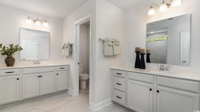 Bathroom featuring vanity, toilet, and a shower