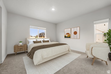 Bedroom with carpet and a textured ceiling