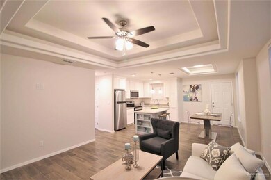 Living area with a raised ceiling, ceiling fan, dark wood finished floors, and baseboards