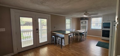 Dining area with crown molding, a textured ceiling, dark wood-type flooring, french doors, and a ceiling fan