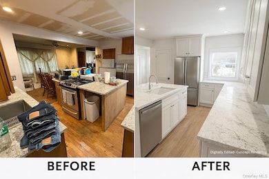 Kitchen with light wood-style flooring, appliances with stainless steel finishes, ceiling fan, light stone countertops, and recessed lighting