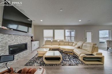 Living room with a stone fireplace, a textured cei