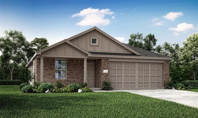 View of front facade featuring brick siding, a garage, a front lawn, and board and batten siding