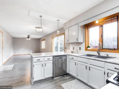 Stainless appliances, light fixtures, counters.