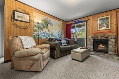 Carpeted living room featuring wooden walls and a