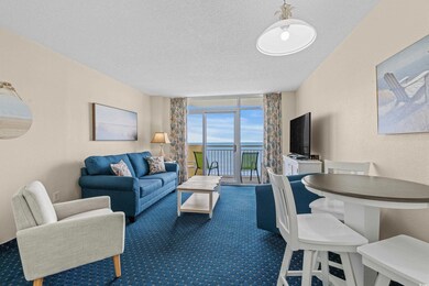 Carpeted living room with a wall of windows and a 