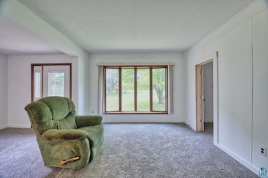 Sitting room with a textured ceiling, carpet flooring, and baseboards